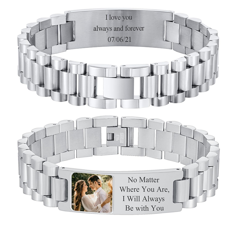 Jewelry Watches For Men - カスタム画像テキストブレスレット時計バンドステンレス鋼リンクブレスレットカスタム彫刻写真/テキスト/名前ブレスレットジュエリー男性用