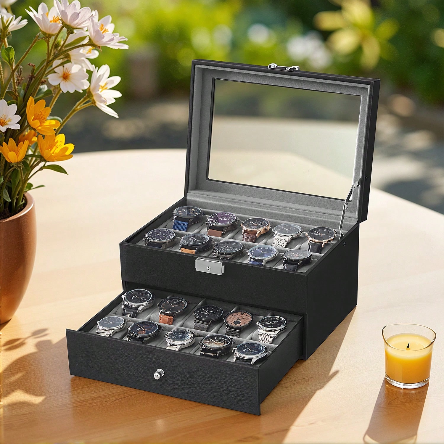 Jewelry Watches For Men - 20スロット腕時計ボックス、ガラス蓋とロック付き、2層レザー腕時計ディスプレイケースオーガナイザー、男性女性用大型収納ホルダー、ブラック