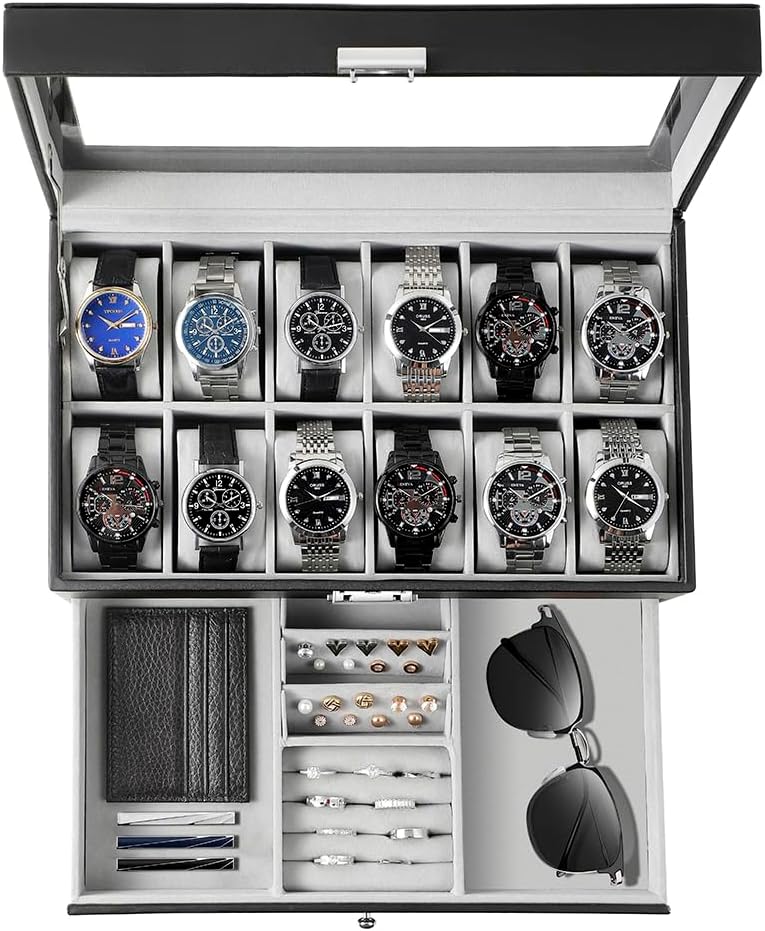 Jewelry Watches For Men - メンズギフト用腕時計ボックスオーガナイザー、ガラス蓋付き12スロット腕時計ケース、2段レザー製腕時計・ジュエリー用ディスプレイ収納