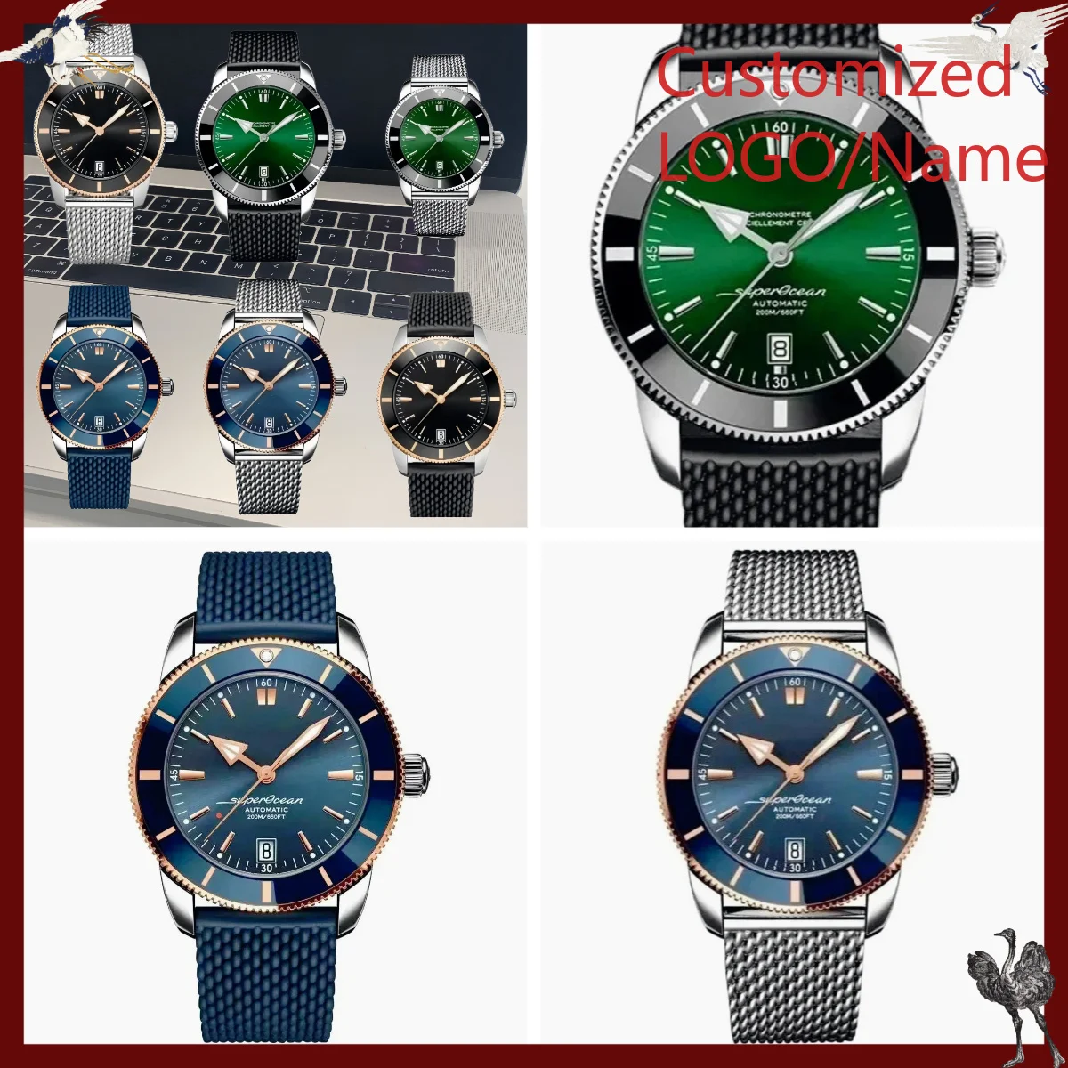 Jewelry Watch - A1212ストア カスタマイズウォッチ 46mm スポーツ自動巻き機械式腕時計 メンズ用、ローズゴールドケース、ブラックとブルーのラバーストラップ
