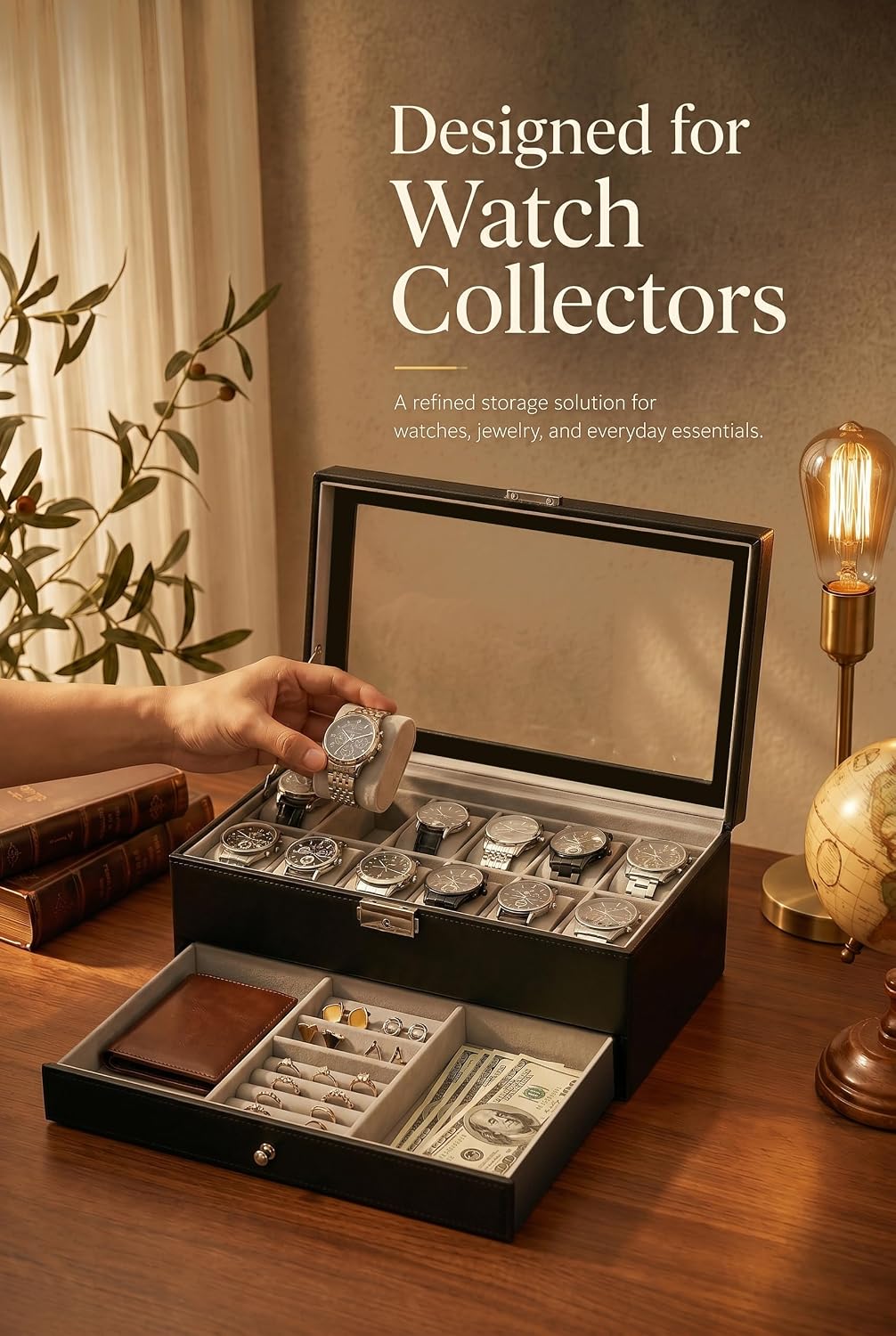 メンズギフト用腕時計ボックスオーガナイザー、ガラス蓋付き12 - Jewelry Watches For Men のレビューと価格