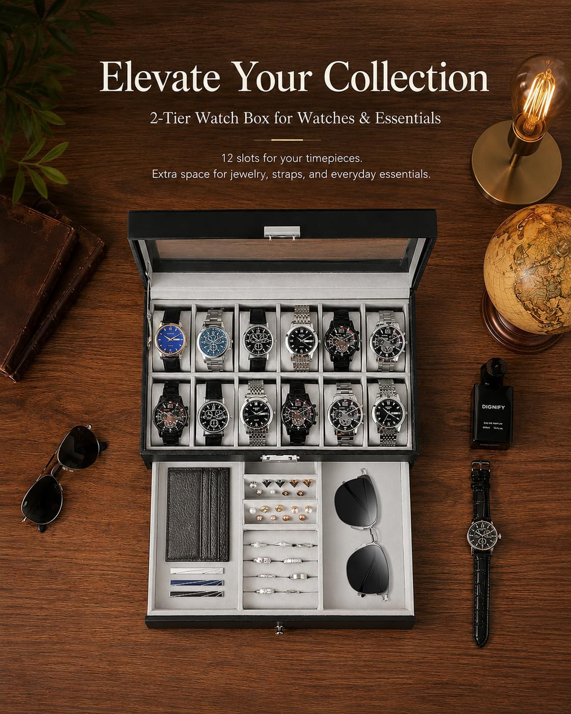 メンズギフト用腕時計ボックスオーガナイザー、ガラス蓋付き12 - Jewelry Watches For Men のレビューと価格
